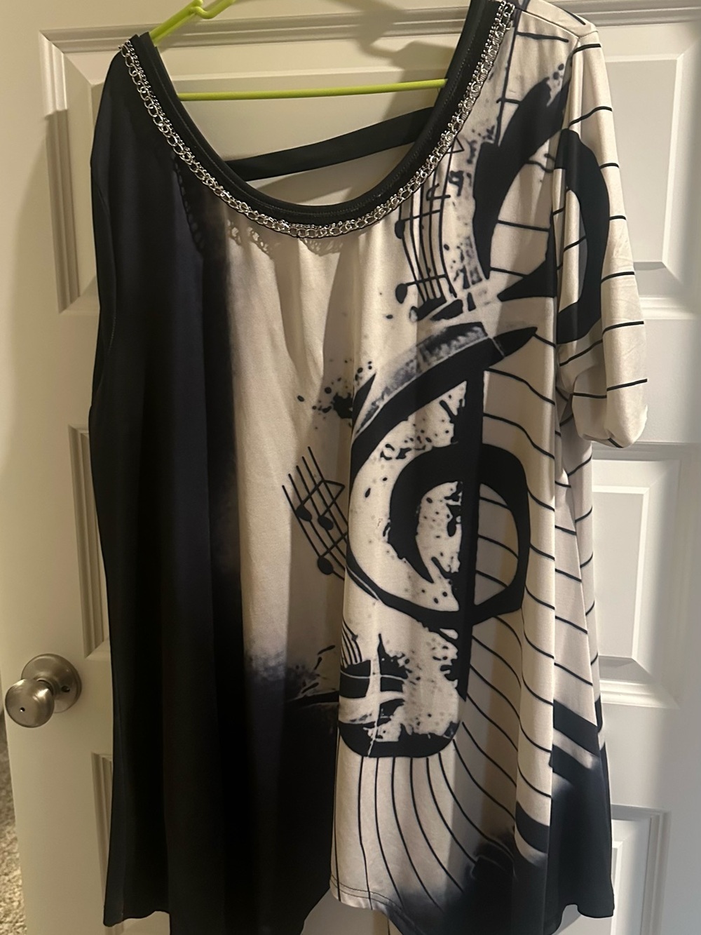 Women's Black, Navy and White Musical Print Tunic - Elegant Embellished Neckline